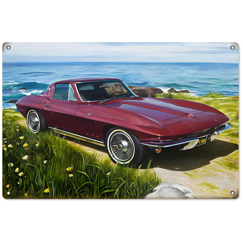 Maroon Corvette Garage Art Metal Sign - 12" x 18"