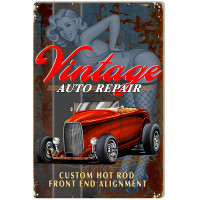 Custom Hot Rod Pin Up Girl Vintage Looking Garage Art Metal Sign - 12" x 18"