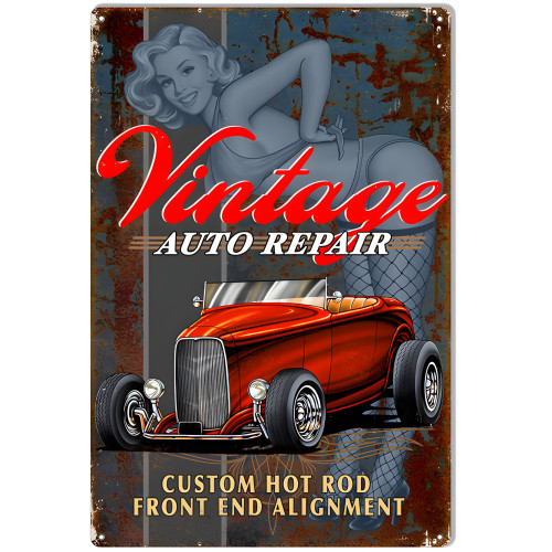 Custom Hot Rod Pin Up Girl Vintage Looking Garage Art Metal Sign - 12" x 18"