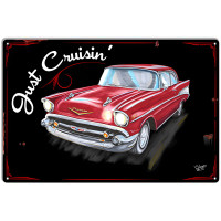 Red 1950's Chevy Sedan "Just Crusin" Metal Sign - 12" x 18"