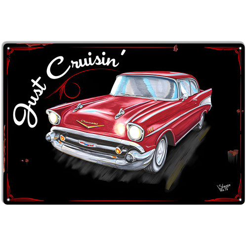 Red 1950's Chevy Sedan "Just Crusin" Metal Sign - 12" x 18"