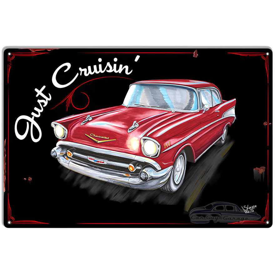 Red 1950's Chevy Sedan "Just Crusin" Metal Sign - 12" x 18" Red 1950's Chevy Sedan "Just Crusin" Metal Sign - 12" x 18"