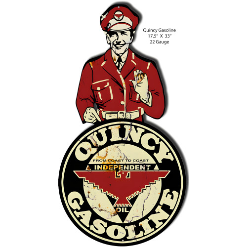 Vintage Quincy Gasoline Metal Sign - 17.5" x 33"