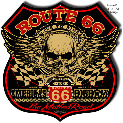 Route 66 Skull Cut Out Metal Sign - 17.5" x 17.5"