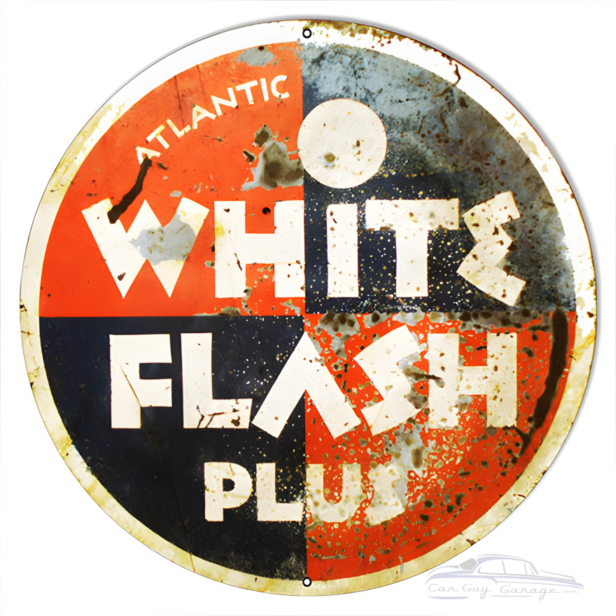 White Flash Plus Motor Oil Metal Sign - 24" Round White Flash Plus Motor Oil Metal Sign - 24" Round