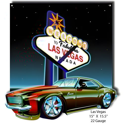 Las Vegas Camaro Hot Rod Laser Cut Out Garage Art Metal Sign - 15" x 15.5"