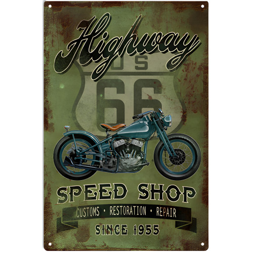 Nostalgic Highway U.S. 66 Speed Shop Custom Restoration Repair Since 1955 Metal Sign - 12" x 18"