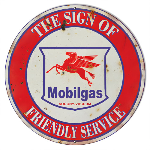 Mobilgas Friendly Service Motor Oil Metal Sign - 24" Round
