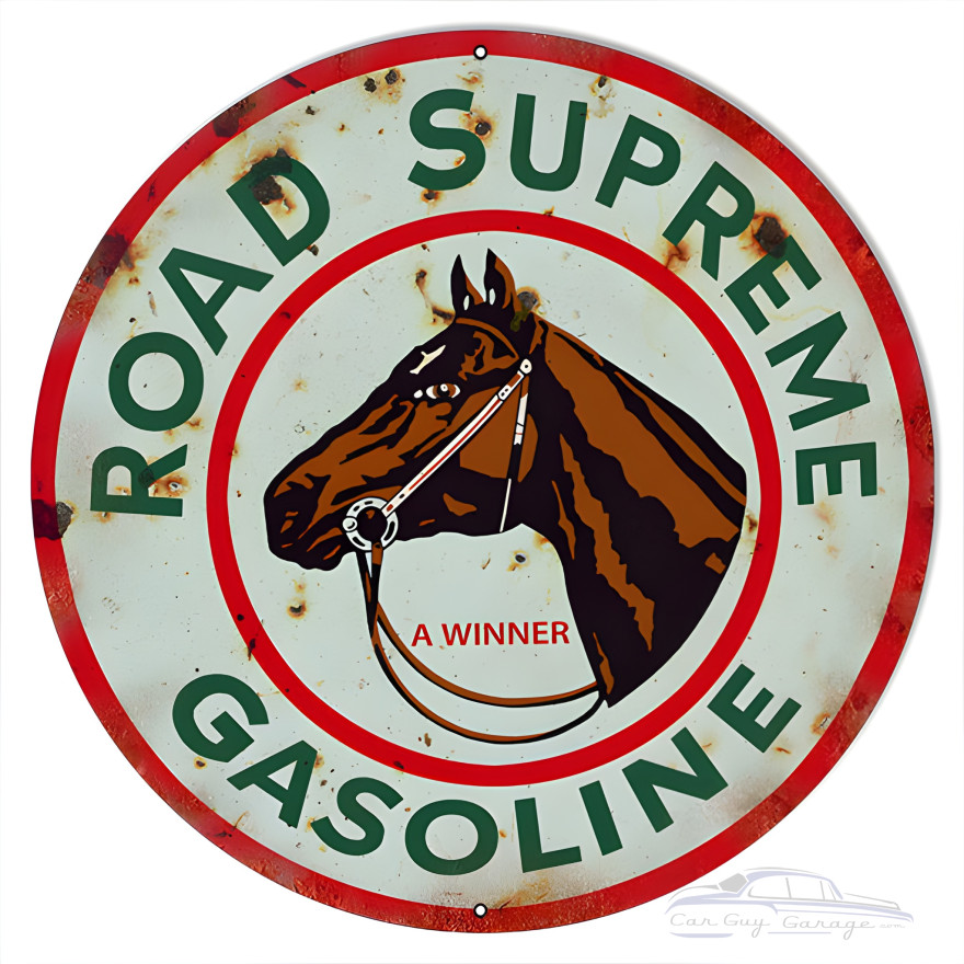 A Winner Road Supreme Gasoline Metal Sign - 24" Round A Winner Road Supreme Gasoline Metal Sign - 24" Round