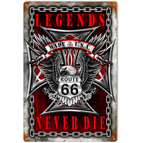 Route 66 Legends Never Die Garage Shop Metal Sign - 12" x 18"