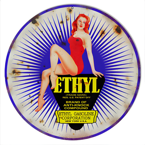 Red Head Ethyl Pin Up Girl Motor Oil Metal Sign - 14" Round
