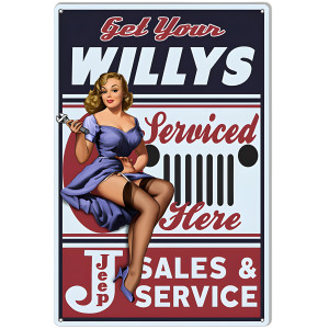 Jeep Willys Service Garage Shop Pin Up Girl Metal Sign - 12" x 18"