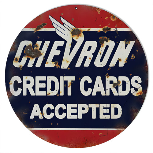 Chevron Credit Cards Accepted Metal Sign - 14" Round