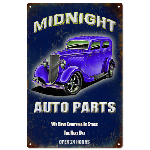Midnight Auto Parts Hot Rod Garage Metal Sign - 12" x 18"