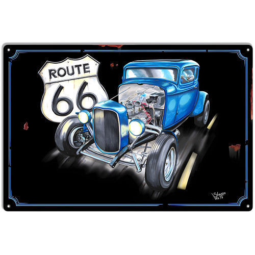 Route 66 Hot Rod Metal Sign - 12" x 18"