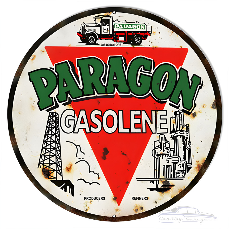 Paragon Gasolene Metal Sign - 18" Round Paragon Gasolene Metal Sign - 18" Round