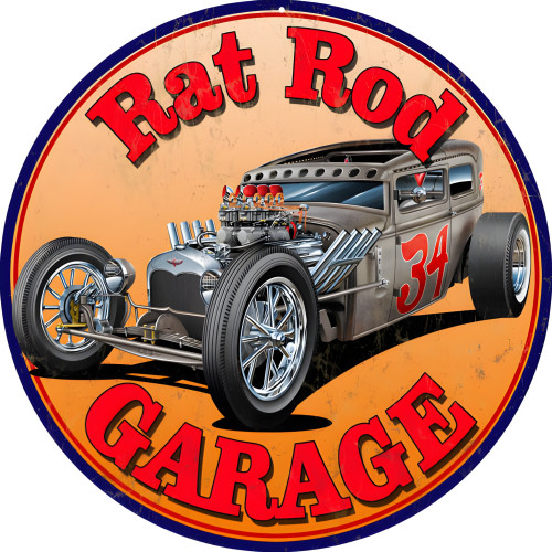 Rat Rod Garage Hot Rod Metal Sign - 14" Round