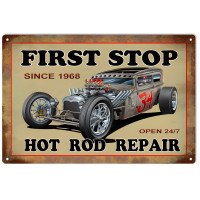 First Stop Hot Rod Car Repair Metal Sign - 12" x 18"
