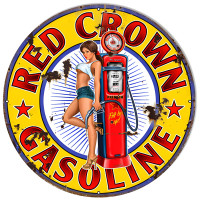 Red Crown Gasoline Pin Up Girl Metal Sign - 18" Round