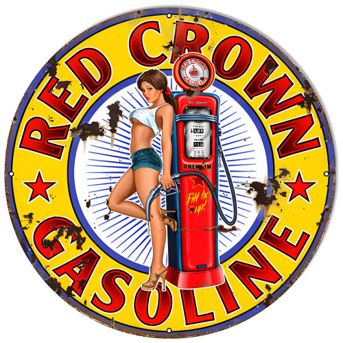 Red Crown Gasoline Pin Up Girl Metal Sign - 18" Round