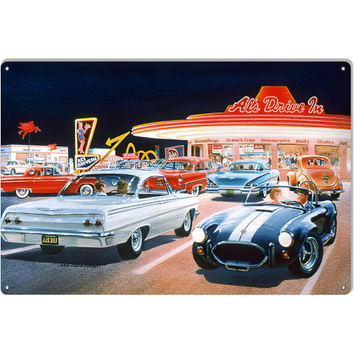 Al's Drive In And Classic Cars Reproduction Garage Shop Metal Sign - 12" x 18"