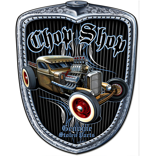 Garage Art Chop Shop Genuine Stolen Parts Metal Sign - 19" x 24"