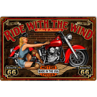 Ride With The Wind Pin Up Girl Route 66 Metal Sign - 12" x 18"