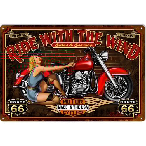 Ride With The Wind Pin Up Girl Route 66 Metal Sign - 12" x 18"