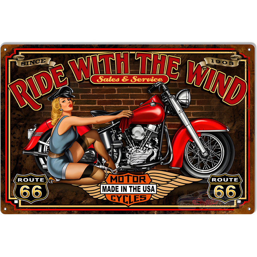 Ride With The Wind Pin Up Girl Route 66 Metal Sign - 12" x 18" Ride With The Wind Pin Up Girl Route 66 Metal Sign - 12" x 18"