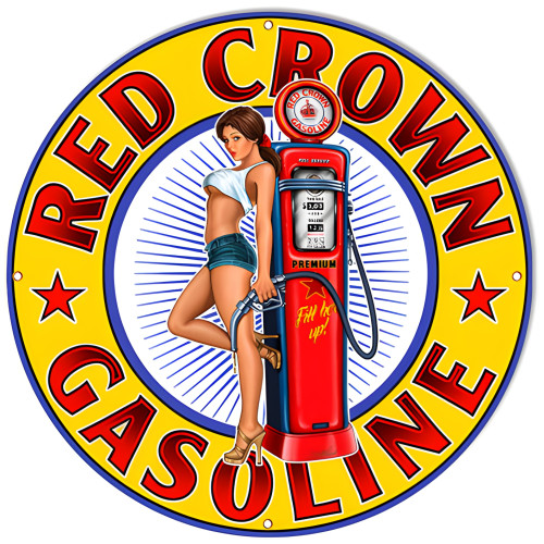 Red Crown Gasoline Pin Up Girl Metal Sign - 30" Round