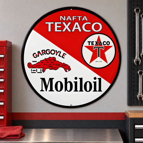 Texaco Mobiloil Gargoyle Metal Sign - 24" Round