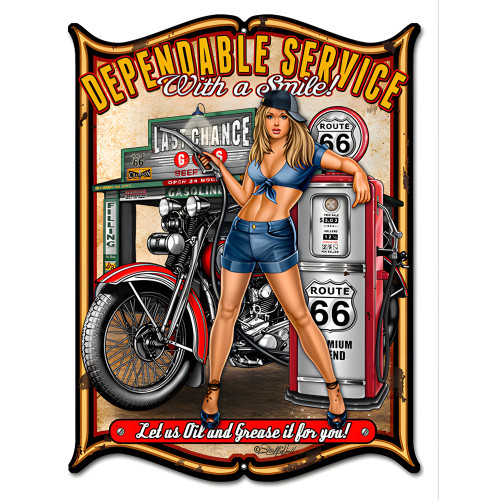 Gas Station Pin Up Girl Sign Dependable Service With A Smile Metal Sign - 14" x 18"