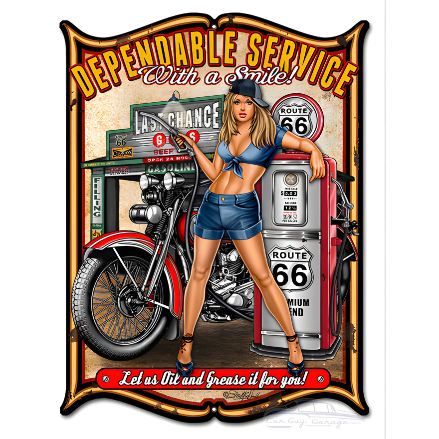 Gas Station Pin Up Girl Sign Dependable Service With A Smile Metal Sign - 14" x 18" Gas Station Pin Up Girl Sign Dependable Service With A Smile Metal Sign - 14" x 18"