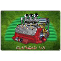 Flat Head V8 Motor Garage Art Man Cave Metal Sign - 12" x 18"