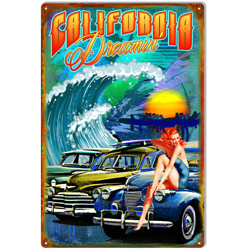 California Dreamin Pin Up Girl Metal Sign - 12" x 18"