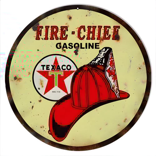 Texaco Fire Chief Gasoline Metal Sign - 14" Round