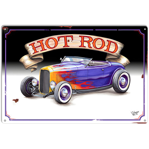 Blue Hot Rod With Flames Metal Sign - 12" x 18"