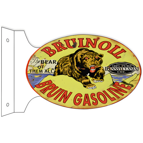 Bruin Oil Bruin Gasoline Double Sided Flange Metal Sign - 12" x 18"