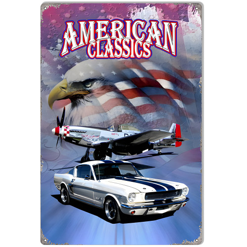 White With Blue Stripe Classic Mustang Metal Sign - 12" x 18"
