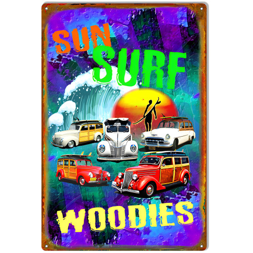Sun Surf Woodies Man Cave Metal Sign - 12" x 18"