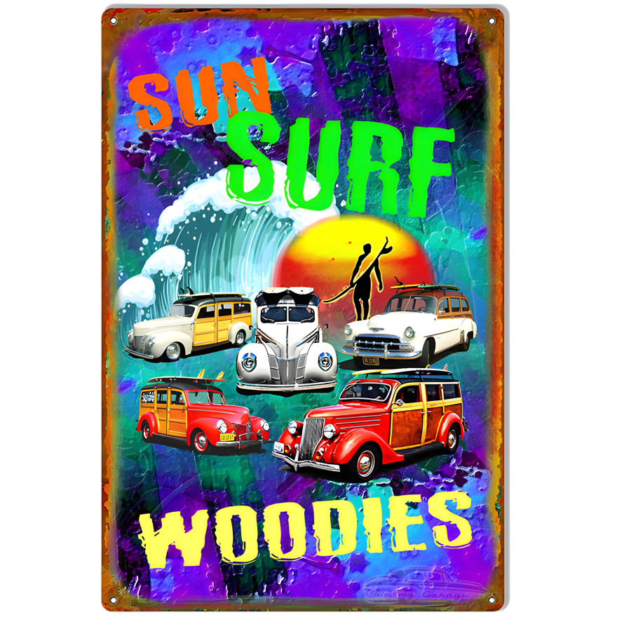 Sun Surf Woodies Man Cave Metal Sign - 12" x 18" Sun Surf Woodies Man Cave Metal Sign - 12" x 18"