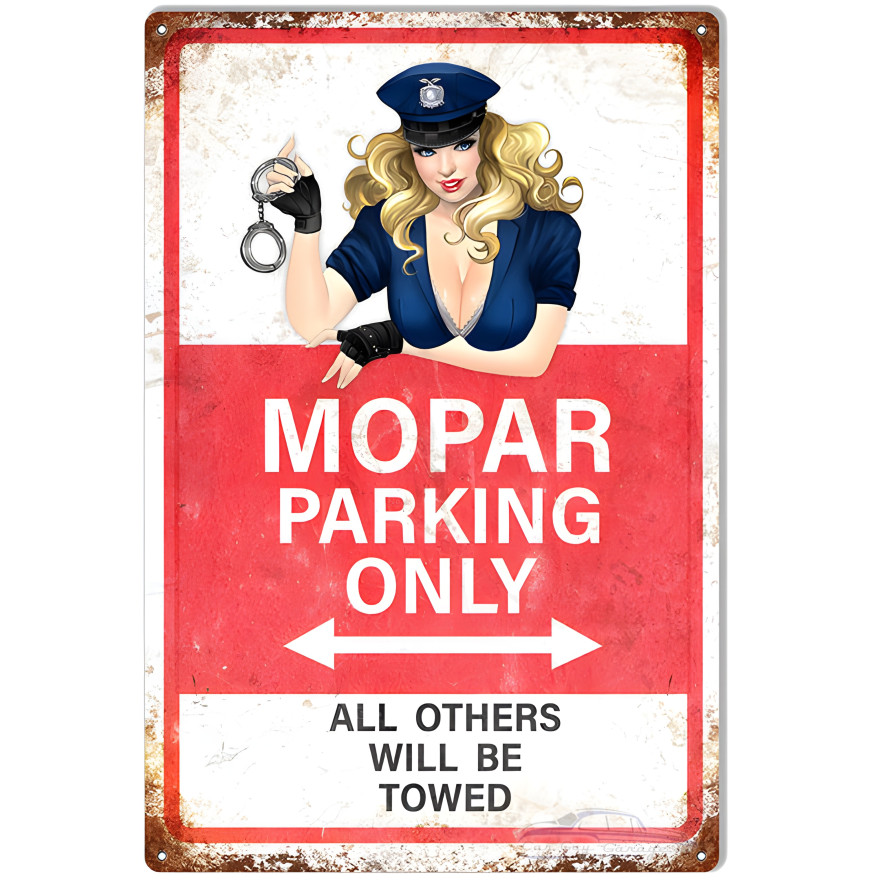 Mopar Parking Only With Pin Up Girl Vintage Metal Sign - 12" x 18" Mopar Parking Only With Pin Up Girl Vintage Metal Sign - 12" x 18"