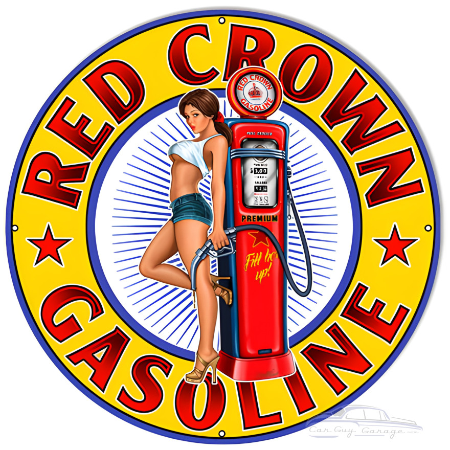 Red Crown Gasoline Pin Up Girl Metal Sign - 24" Round Red Crown Gasoline Pin Up Girl Metal Sign - 24" Round