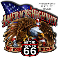 Route 66 Americas Highway Garage Shop Laser Cut Out Man Cave Metal Sign - 17.2" x 17.5"