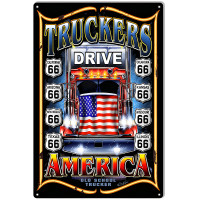 Route 66 Truckers Drive Garage Shop Man Cave Metal Sign - 12" x 18"
