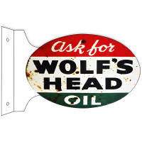 Wolf's Head Oil Double Sided Flange Metal Sign - 12" x 18"