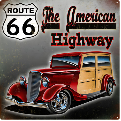 Route 66 The American Highway Hot Rod Metal Sign - 12" x 12"