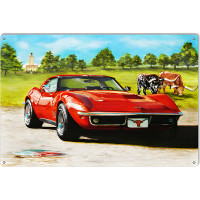 Sleek Red Corvette Metal Sign - 12" x 18"