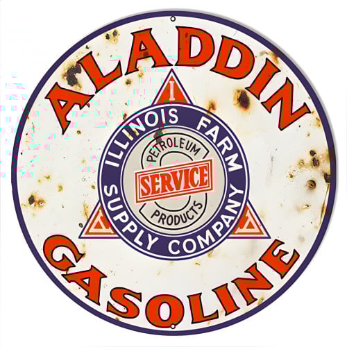 Aladdin Gasoline Reproduction Vintage Looking Motor Oil Metal Sign - 24" Round
