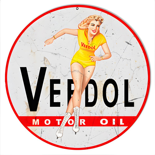 Veedol Pin Up Girl Reproduction Motor Oil Metal Sign - 14" Round